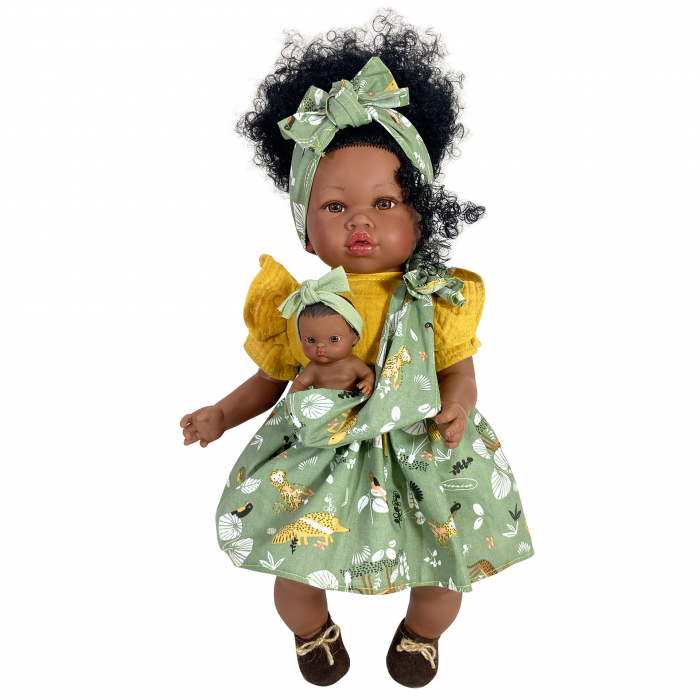 Papusa Nines D'Onil, Maria Afro, cu sunete, cu bebelus, cu rochie verde, cu miros de vanilie, 45 cm [1]