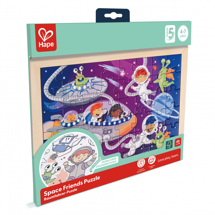 Puzzle din lemn 2 in 1 - Prietenii din Spatiu (50 piese), cu fata dubla si activitate colorare [6]