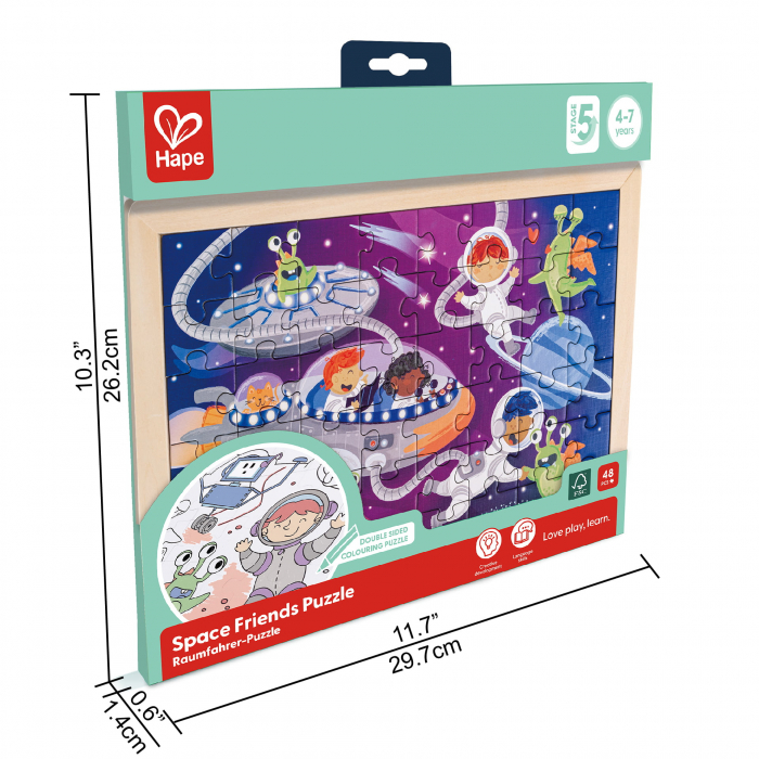 Puzzle din lemn 2 in 1 - Prietenii din Spatiu (50 piese), cu fata dubla si activitate colorare [5]