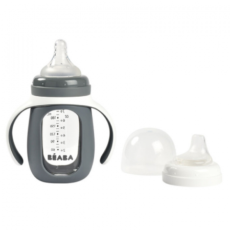 HRANIRE SI DIVERSIFICARE - Biberon de invatare 2 in 1 din Sticla Beaba 210 ml  Mineral Grey