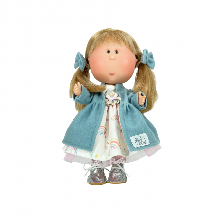 PAPUSI - Papusa Nines D'Onil, Mia, cu parul blond si funde albastre, cu articulatii, cu miros de vanilie, 30 cm