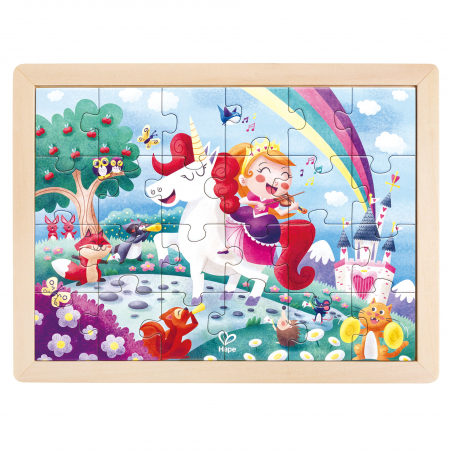 JUCARII & JOCURI - Puzzle din lemn 2 in 1 - Unicorn (26 piese), cu fata dubla si activitate colorare