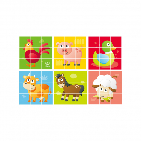 Puzzle - Puzzle din lemn cuburi - Animale de la ferma 3 x 3
