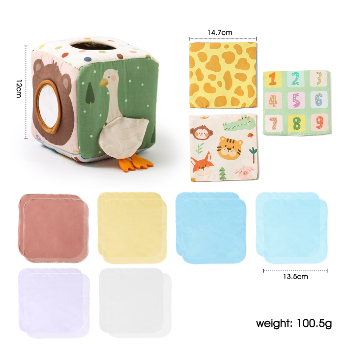 Cub senzorial Babysnugg, jucarie interactiva tip tissue box cu servetele, Montessori, 3+ luni, esarfe colorate, dezvoltare senzoriala, Animale [1]