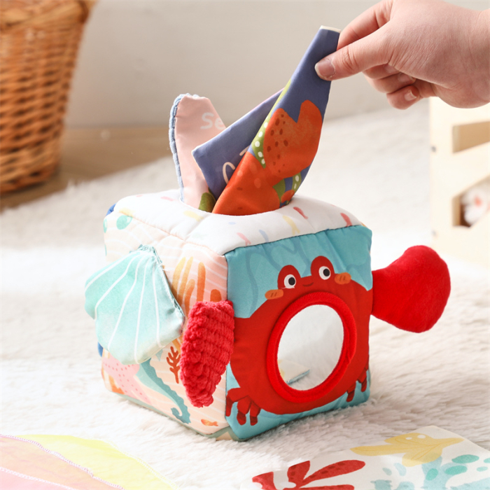 Cub senzorial bebe Babysnugg, jucarie interactiva tip tissue box, Montessori, 3+ luni, esarfe colorate, dezvoltare senzoriala, Crab [2]