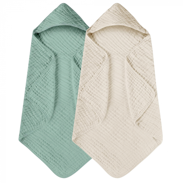 Set 2x Prosop de baie cu gluga pentru bebelusi din muselina Babysnugg - 80x80cm, 0-3 ani, moale, absorbant, 100% bumbac, Verde cu Bej [1]
