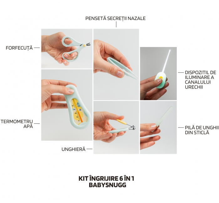 Set ingrijire bebe, kit 6 in 1 Babysnugg, Turcoaz - contine foarfeca, unghiera, pila, penseta, termometru apa si betisor ureche cu luminita [2]