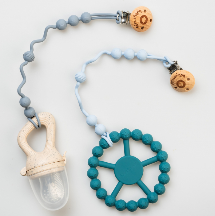Set Lantisor pentru suzeta din silicon Babysnugg, 2 bucati, clips din lemn, fara BPA, Albastru [2]
