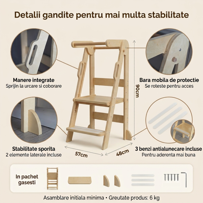 Turn de invatare pliabil Montessori pentru copii Babysnugg, din lemn, platforma reglabila pe 3 niveluri, manere laterale, 3 benzi antialunecare, Natur [3]