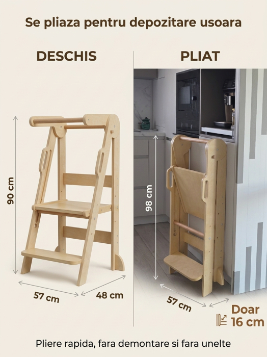 Turn de invatare pliabil Montessori pentru copii Babysnugg, din lemn, platforma reglabila pe 3 niveluri, manere laterale, 3 benzi antialunecare, Natur [5]