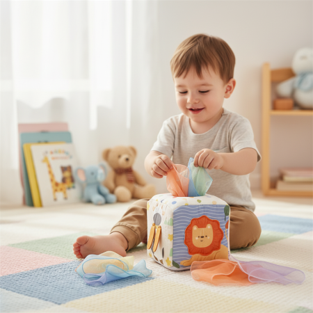 Cub senzorial Babysnugg, jucarie interactiva tip tissue box cu servetele, Montessori, 3+ luni, esarfe colorate, dezvoltare senzoriala, Animale [1]