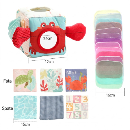 Jucarii senzoriale - Cub senzorial bebe Babysnugg, jucarie interactiva tip tissue box, Montessori, 3+ luni, esarfe colorate, dezvoltare senzoriala, Crab