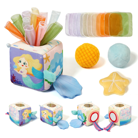 Jucarii senzoriale - Cub senzorial bebe Babysnugg, jucarie interactiva tip tissue box, Montessori, 3+ luni, esarfe colorate, dezvoltare senzoriala, Sirena