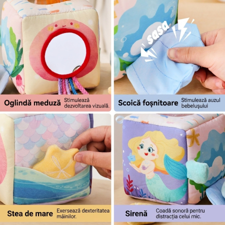 Cub senzorial bebe Babysnugg, jucarie interactiva tip tissue box, Montessori, 3+ luni, esarfe colorate, dezvoltare senzoriala, Sirena [3]