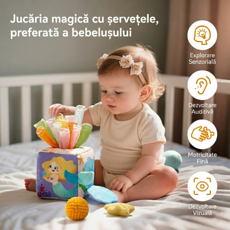 Cub senzorial bebe Babysnugg, jucarie interactiva tip tissue box, Montessori, 3+ luni, esarfe colorate, dezvoltare senzoriala, Sirena [2]