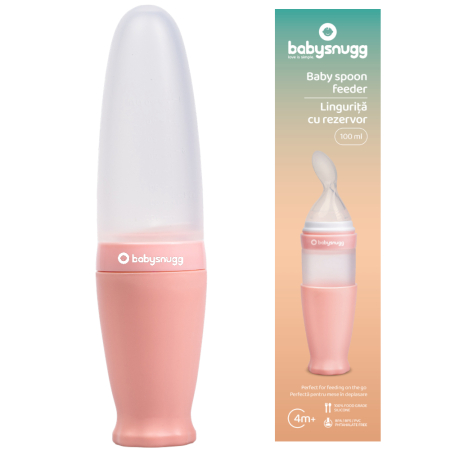Articole de hranire - Lingurita de silicon cu rezervor Babysnugg, Fara BPA, Portabila, Roz