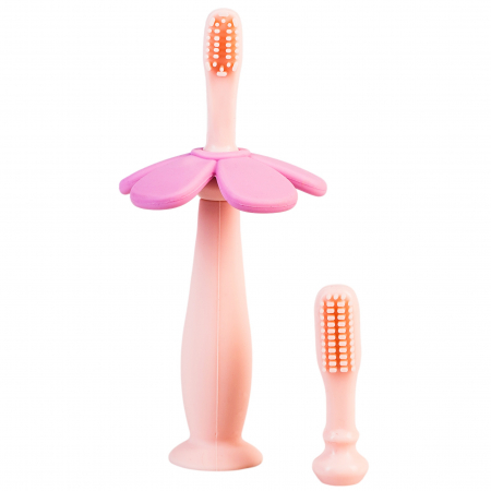 Igiena Orala - Periuta de dinti bebe din silicon Babysnugg cu 2 capete si ventuza, fara BPA, PVC, Latex si Ftalati - Roz