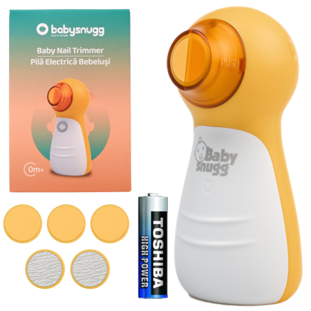 Pila electrica unghii Babysnugg pentru bebelusi, baterie inclusa, lumina LED, include 3 capete nou nascuti si 2 capete adulti