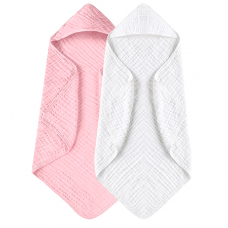 Igiena si ingrijire - Set 2x Prosop de baie cu gluga pentru bebelusi din muselina Babysnugg - 80x80cm, 0-3 ani, moale, absorbant, 100% bumbac, Alb cu Roz