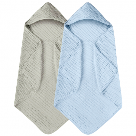 Igiena si ingrijire - Set 2x Prosop de baie cu gluga pentru bebelusi din muselina Babysnugg - 80x80cm, 0-3 ani, moale, absorbant, 100% bumbac, Albastru cu Gri