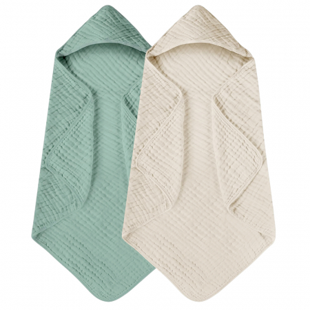 Igiena si ingrijire - Set 2x Prosop de baie cu gluga pentru bebelusi din muselina Babysnugg - 80x80cm, 0-3 ani, moale, absorbant, 100% bumbac, Verde cu Bej