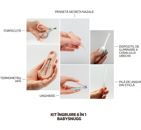 Set ingrijire bebe, kit 6 in 1 Babysnugg, Portocaliu - contine foarfeca, unghiera, pila, penseta, termometru apa si betisor ureche cu luminita [1]