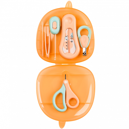 Igiena si ingrijire - Set ingrijire bebe, kit 6 in 1 Babysnugg, Portocaliu - contine foarfeca, unghiera, pila, penseta, termometru apa si betisor ureche cu luminita