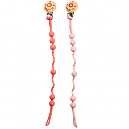 Articole de hranire - Set Lantisor pentru suzeta din silicon Babysnugg, 2 bucati, clips din lemn, fara BPA, Roz