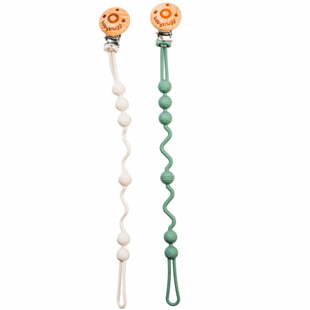 Articole de hranire - Set Lantisor pentru suzeta din silicon Babysnugg, 2 bucati, clips din lemn, fara BPA, Verde