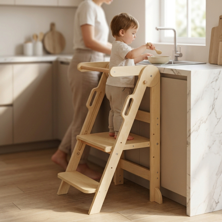 Turn de invatare - Turn de invatare pliabil Montessori pentru copii Babysnugg, din lemn, platforma reglabila pe 3 niveluri, manere laterale, 3 benzi antialunecare, 1-6 ani, Natur