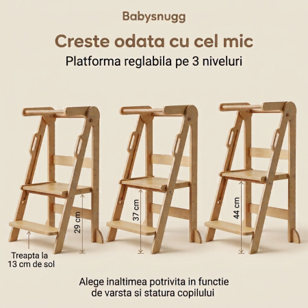 Turn de invatare pliabil Montessori pentru copii Babysnugg, din lemn, platforma reglabila pe 3 niveluri, manere laterale, 3 benzi antialunecare, Natur [3]