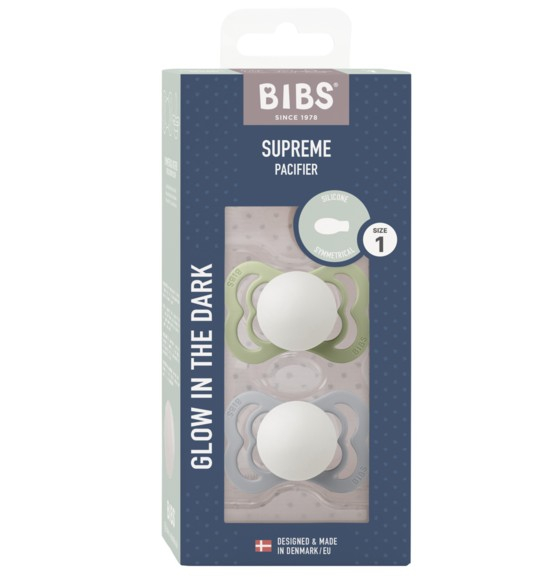 BIBS - Set 2 suzete Supreme Fosforescente GLOW Silicon, tetina simetrica, 0 luni + [2]