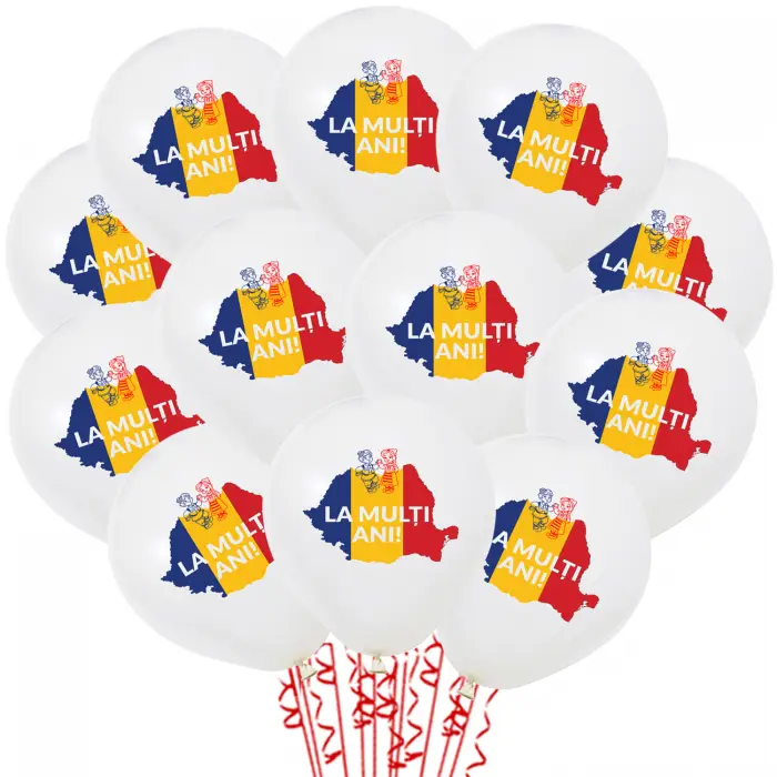 Ziua Națională a României - Set 12 Baloane cu Heliu Albe cu Print Tricolor Romania