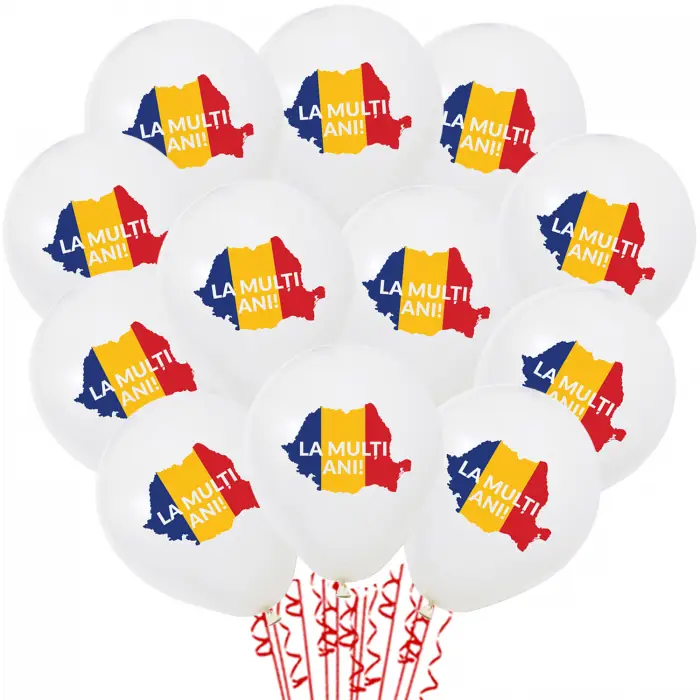 Set 12 Baloane cu Heliu Albe cu Print Tricolor Romania [1]