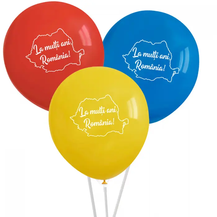 Ziua Națională a României - Set 100 Baloane Tricolor "La Mulți Ani România" + 100 Bete și Rozete Plastic