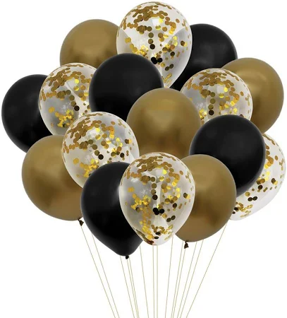Ocazii - Set 16 Baloane cu Heliu Negru, Auriu cu Confetti