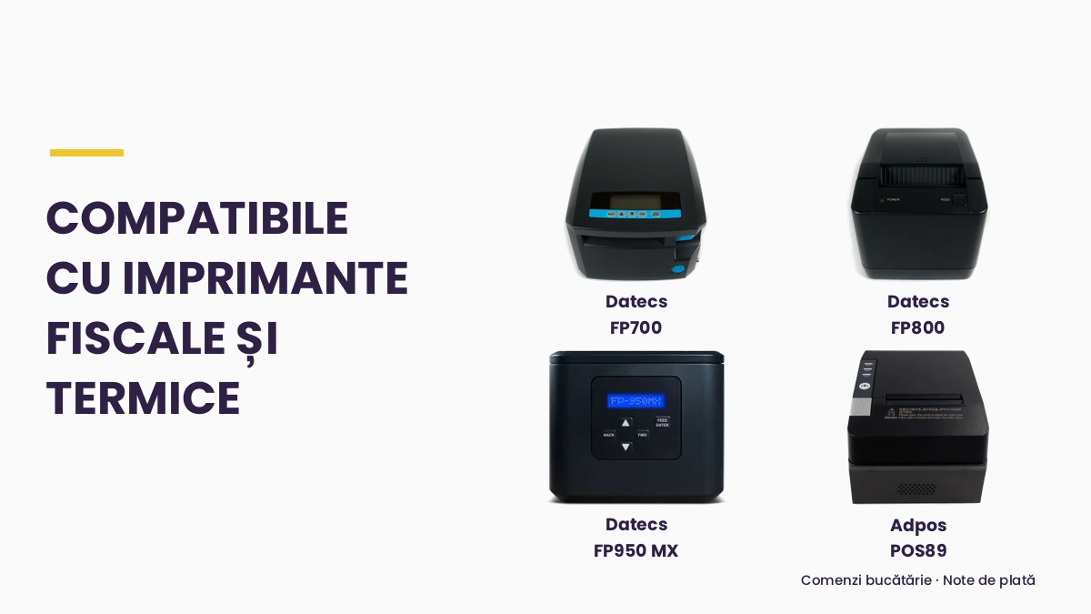 Compatibile cu imprimante fiscale și termice — Datecs FP700, FP800, FP950MX și Adpos POS89