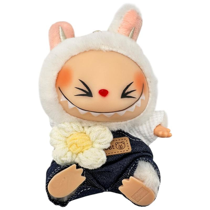 Plus Labubu Alb 18cm – Fall in Wild – Figurina de Colectie cu Blanita si Salopeta din Denim, BaoBao [1]