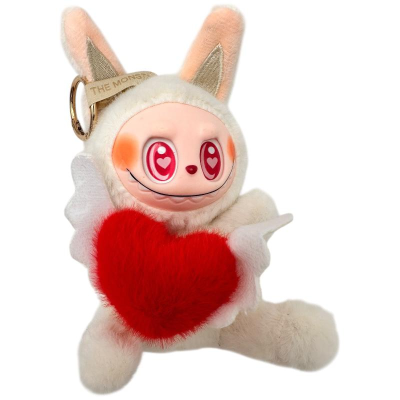 Plus Labubu Alb 18cm – Fall in Wild – Figurina Colectie cu Inima Rosie, Aripi si Breloc Cadou, BaoBao [1]