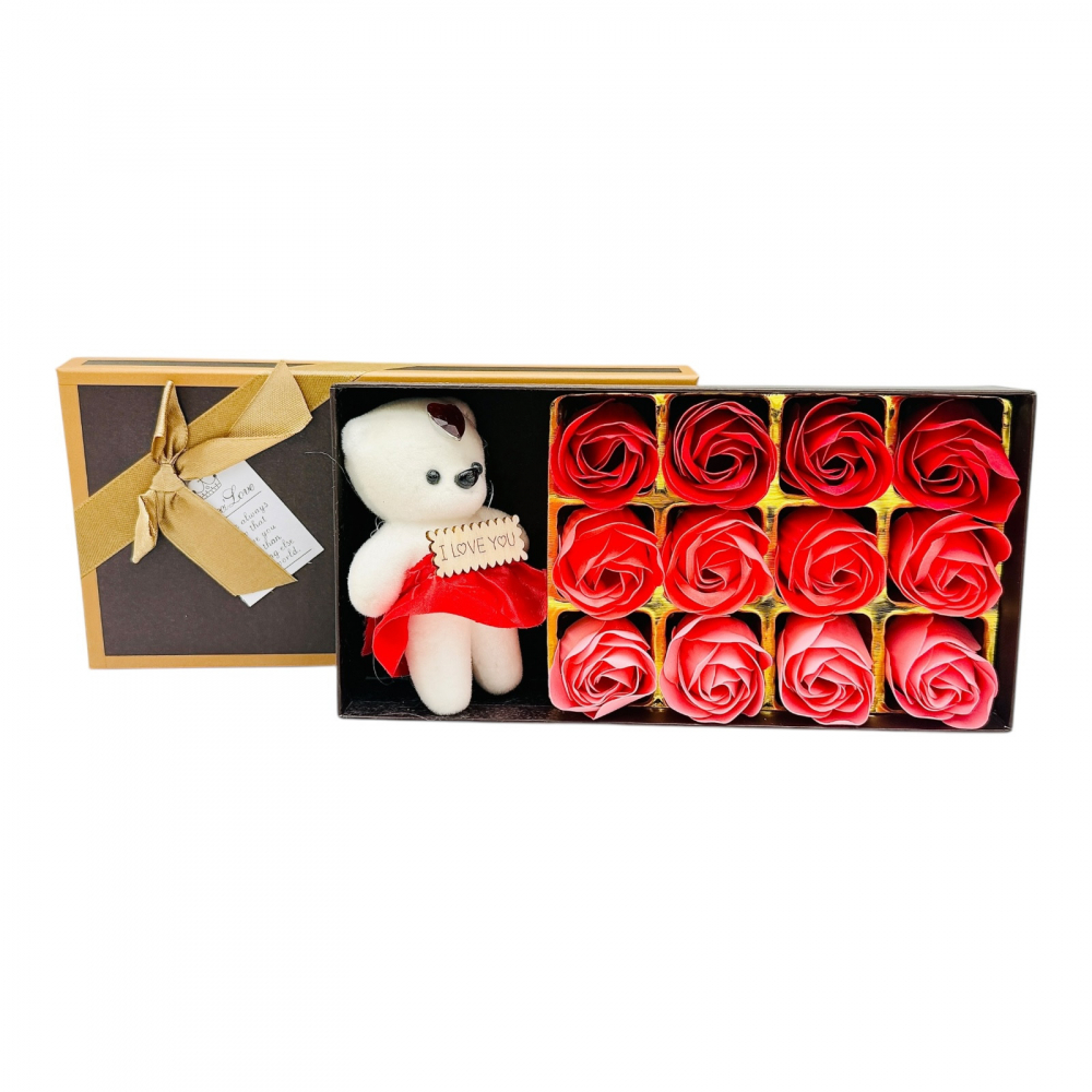 Aranjament floral cutiuta de ciocolata, 12 trandafiri de sapun parfumati cu ursulet, culori combinate, 22x11x4 cm [1]