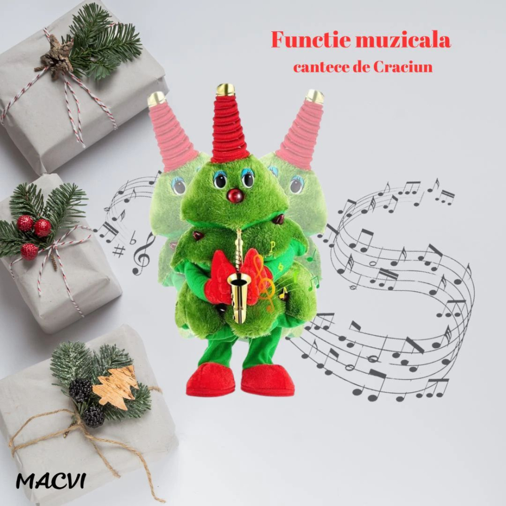 Brad muzical animat 42 cm cu saxofon, LED roșu și dans – 8 melodii, funcționare pe baterii [3]