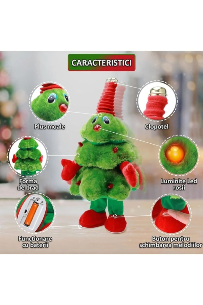 Brad muzical animat 42 cm cu saxofon, LED roșu și dans – 8 melodii, funcționare pe baterii [4]