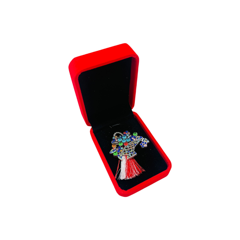 Brosa Cos cu Flori de Lux cu Strasuri Multicolore si Ciucure pentru Martisor, in Cutie Catifelata Premium [3]