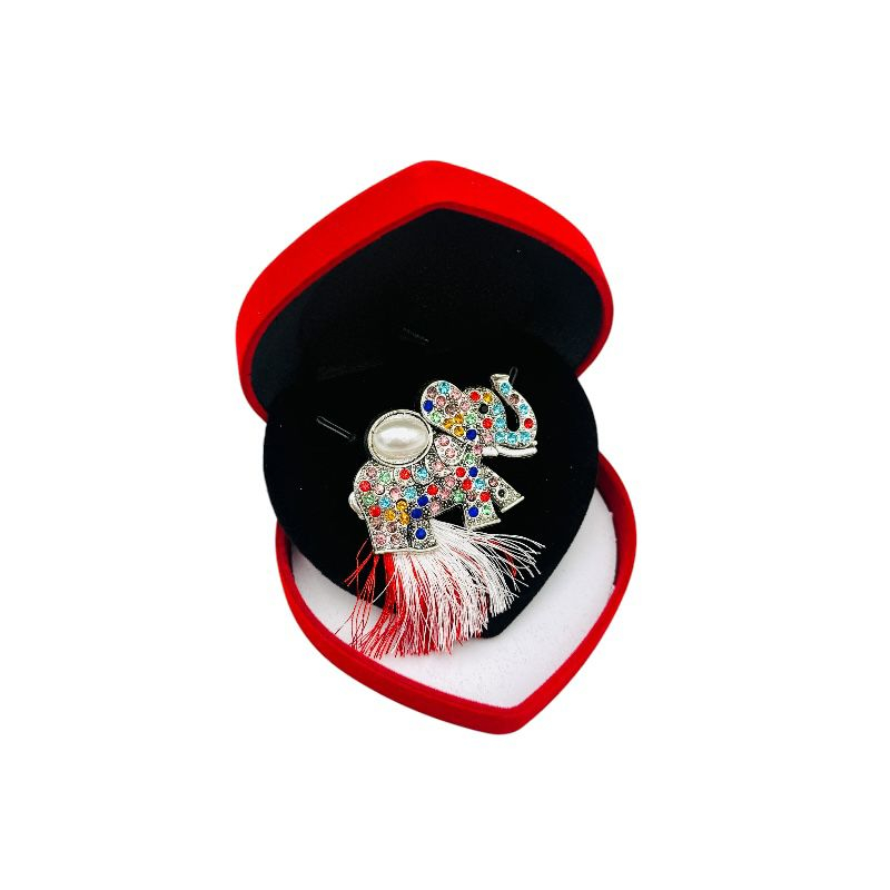 Brosa elefant de lux, sidefata cu pietre si ciucure pentru martisor, in cutie din catifea premium in forma de inima [2]