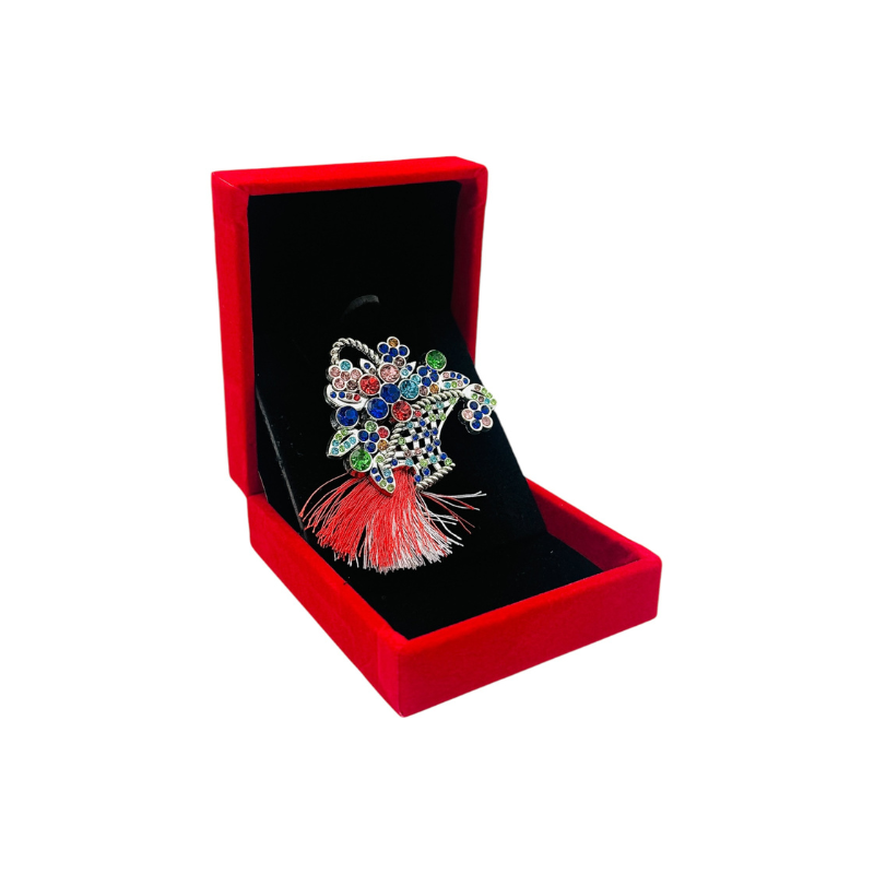 Brosa Cos cu Flori si Strasuri Multicolore, Ciucure Traditional pentru Martisor, in Cutie Catifelata Premium [2]