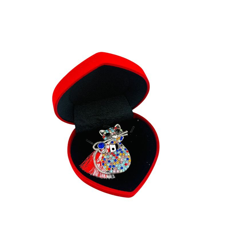 Brosa pisicuta de lux, sidefata cu pietre si ciucure pentru martisor, in cutie din catifea premium in forma de inima [1]