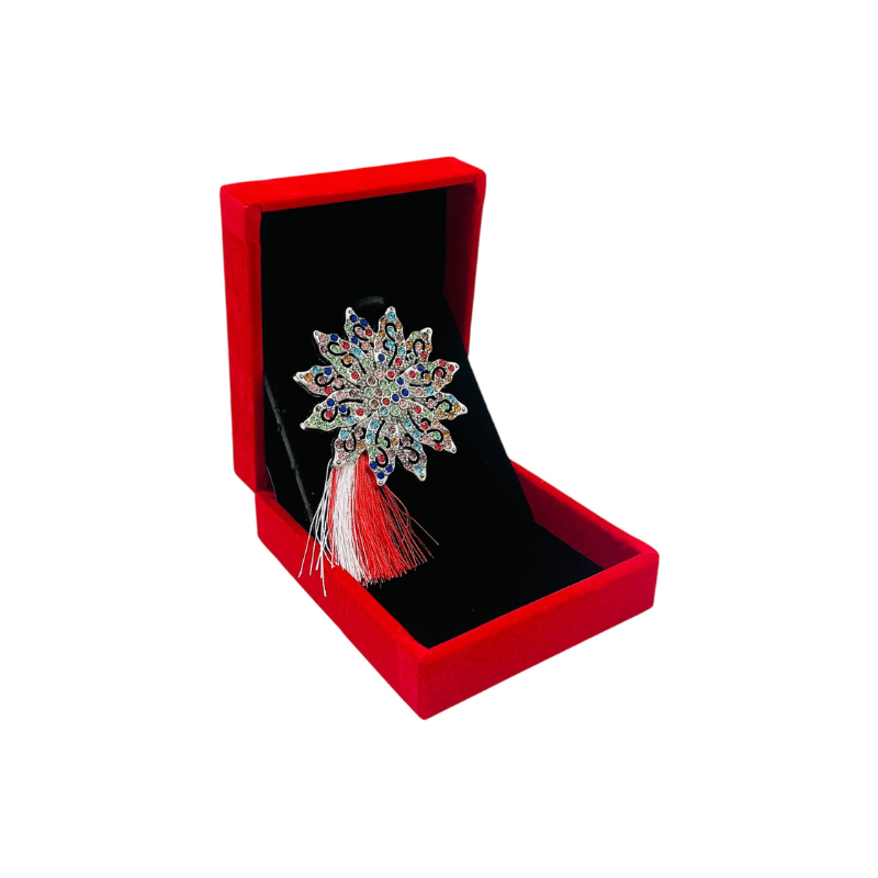 Brosa Floare cu Strasuri Multicolore si Ciucure Traditional pentru Martisor, in Cutie Catifelata Premium [3]