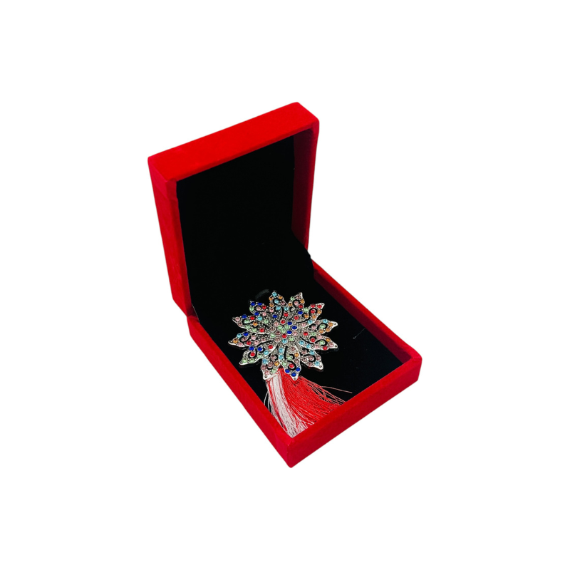 Brosa Floare cu Strasuri Multicolore si Ciucure Traditional pentru Martisor, in Cutie Catifelata Premium [1]