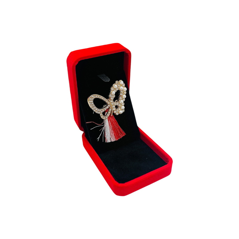 Brosa Fluturas de Lux cu Perle si Ciucure pentru Martisor, in Cutie din Catifea Premium [2]
