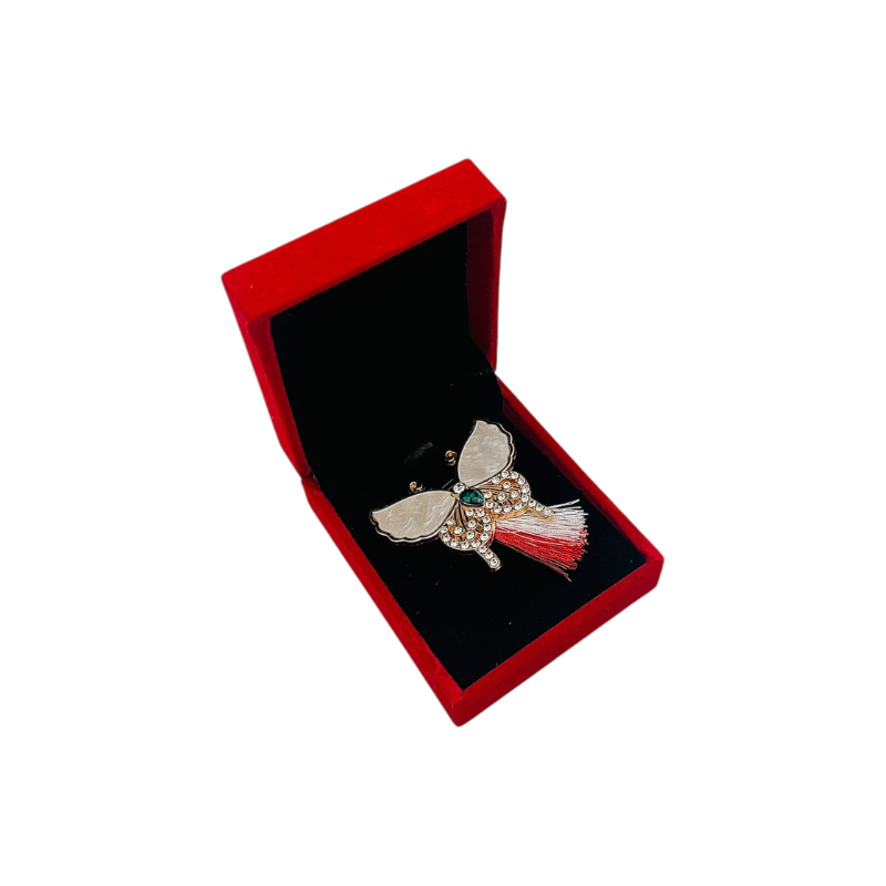 Brosa Fluture Elegant cu Aripi Perlate si Strasuri, Ciucure Traditional pentru Martisor, in Cutie Catifelata Premium [1]